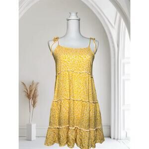 SHEIN Yellow Floral Mini Dress Sundress Tiered Ruffles Tie Straps-Size S